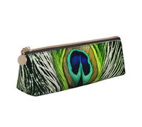BREAUX Green Peacock Feather print Triangle leather stationery storage bag, fit for travel and cosmetics storage