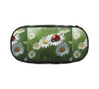 BREAUX Ladybug on Daisy Flower print 300D Oxford Cloth Pencil Case Pouch, Double-Headed Zipper Design, Cosmetics and Organizer