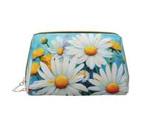 BREAUX Summer Floral Daisies Flower Print Leather Portable Cosmetic Bag, Portable Cosmetic Clutch Bag, Leather Cosmetic Bag (Small), White, One Size
