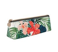 BREAUX Vegetation Leaves with Hibiscus Flowers print Triangle leather stationery storage bag, fit for travel and cosmetics storage