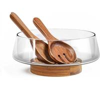 brecoory KITEISCAT Extra Large Glass Salad Bowl Set - Party Salad Bowls with Acacia Wood Base and Serving Utensils - Elegant and Practical Kitchen Must-Have