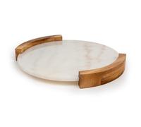 Bredemeijer Large Round Serving Tray Diameter 35 cm Marble Tray with 2 Side Wooden Handles Ideal for Serving Drinks and Snacks