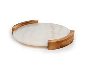 Bredemeijer Large Round Serving Tray Diameter 35 cm Marble Tray with 2 Side Wooden Handles Ideal for Serving Drinks and Snacks