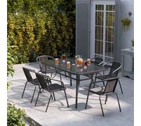 Breeins Black 7Pcs Outdoor Garden Furniture Set Dining Set 150 Cm Tempered Glass Table Stacking Chair For Garden Patio