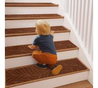BREEZENEST 15 PCS Self-Adhesive Stair Treads for Carpet Steps - Non-Slip Stair Mats, Fabric Reusable Anti-Slip Stair Pads for Home Pets & Elders (Brown, 65x20cm)
