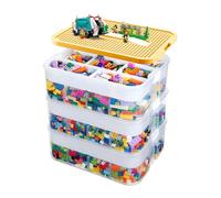 BREEZENEST 3-Tier Lego Organiser with Lids Stackable Lego Storage Box with Adjustable Compartments White Minimalist Design for Building Bricks, 33x33x34cm (Yellow)