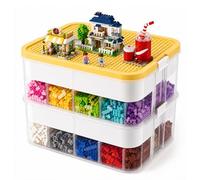 BREEZENEST 3-Tier Lego Organiser with Lids Stackable Lego Storage Box with Adjustable Compartments White Minimalist Design for Building Bricks, 33x33x34cm (2-Tier Yellow)