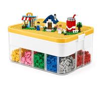 BREEZENEST 3-Tier Organiser with Lids Stackable Storage Box with Adjustable Compartments White Minimalist Design for Building Bricks, 33x33x34cm (1-Tier Yellow)