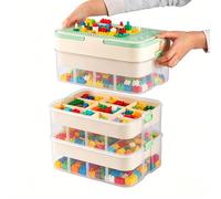 BREEZENEST 3-Tier Organiser with Lids Stackable Storage Box with Adjustable Compartments White Minimalist Design for Building Bricks, 33x33x34cm (Green)