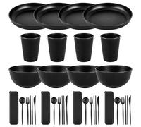BREEZENEST 32pcs High-End Black Tableware Set, Food-Grade PP Dinnerware Set for Home Restaurant Outdoor, Unbreakable Plastic Dishes Set Including Knives Forks Spoons Chopsticks Cups Bowls Plates