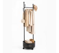BREEZENEST 360° Rotating Coat Rack with Mesh Storage Basket & Wheels, Freestanding Metal Garment Rack with Multi Hooks, Rolling Clothes Stand for Hanging Coats, Bags, Hats, Bedroom (Black)