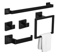 BREEZENEST 5-Piece Bathroom Accessories Set - Matte Black 304 Stainless Steel Towel Rack, Toilet Paper Holder, Towel Ring & Hooks - Waterproof, Rustproof, Easy Install