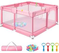 BREEZENEST Baby Playpen, Large Play Pens for Indoor Babies 6-36 Months, Breathable Mesh Walls & Oxford Cloth, Portable Crawling Fence, Machine Washable Safety Play Yard (Pink, Style C)