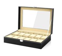 BREEZENEST Elegant Watch Box for Women & Men, 12 Slot PU Leather Watch Storage Case with Glass Lid & Velvet Lining Lockable Clasp, Beige Interior, Luxury Watch Display Organiser