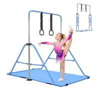 BREEZENEST Foldable Kids Gymnastics Bar Set with Mat & Rings, 4-Level Adjustable Height (89-129cm), Stable Triangular Frame, Home Gym Gear for Boys & Girls 3-12 (Blue)