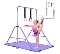 BREEZENEST Foldable Kids Gymnastics Bar Set with Mat & Rings, 4-Level Adjustable Height (89-129cm), Stable Triangular Frame, Home Gym Gear for Boys & Girls 3-12 (Purple)