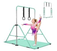 BREEZENEST Foldable Kids Gymnastics Bar Set with Mat & Rings, 4-Level Adjustable Height (89-129cm), Stable Triangular Frame, Home Gym Gear for Boys & Girls 3-12 (Green)