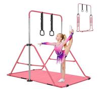 BREEZENEST Foldable Kids Gymnastics Bar Set with Mat & Rings, 4-Level Adjustable Height (89-129cm), Stable Triangular Frame, Home Gym Gear for Boys & Girls 3-12 (PInk)