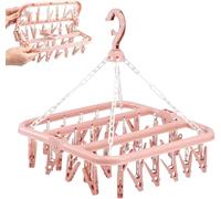 BREEZENEST Foldable Laundry Hanger with 32 Clips - Washing Line Sock Hanger & Laundry Accessories for Socks, Underwear, Towels, Bras - Space-Saving Rotating Clothes Drying Rack (Pink)