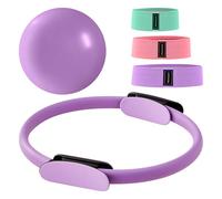 BREEZENEST Pilates Ring Set 14" Premium Magic Circle with Dual Padded Handles Includes 9" Anti-Burst Mini Ball 3 Resistance Bands (20/30/45 lbs) for Home Gym Pilates Equipment for Home (Purple)