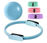 BREEZENEST Pilates Ring Set 14" Premium Magic Circle with Dual Padded Handles Includes 9" Anti-Burst Mini Ball 3 Resistance Bands (20/30/45 lbs) for Home Gym Pilates Equipment for Home (Blue)