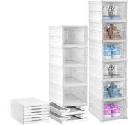 BREEZENEST Stackable Shoe Storage Organiser, Transparent Plastic Shoe Boxes with Doors Foldable Cabinet Holds up to UK Size 12 Trainers Easy Assembly PP Plastic Closet Solution (6)