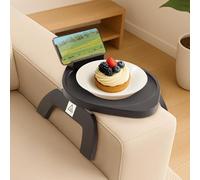 BREEZENEST Wooden Desk Buddy - Bamboo Sofa Arm Tray with 360° Rotating Phone Holder, Foldable Adjustable Armrest Tray & Clip-On Cup Holder for Couch Eating & Reading (Black)