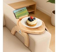 BREEZENEST Wooden Desk Buddy - Bamboo Sofa Arm Tray with 360° Rotating Phone Holder, Foldable Adjustable Armrest Tray & Clip-On Cup Holder for Couch Eating & Reading (Wood)