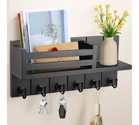 BREEZENEST Wooden Key Holder for Wall with 6 Hooks & Mail Shelf Wall Mounted Entryway Organizer with Self Adhesive or Screw Installation Key Rack for Keys Sunglasses Mail Letters for Hallway (Black)
