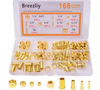 Breezliy 150PCS Tube OD（1/4" 5/16" 3/8" 1/2") Brass Compression Sleeves Ferrules & Insert,4 Sizes Brass Compression Fitting Assortment Kit (168pcs Sleeves Ferrules, Inserts, Nuts)