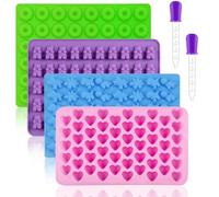 BREEZO Silicone Gummy Moulds, 4PCS Mini Bear Candy Moulds Dinosaur Jelly Molds Heart Shaped Chocolate Molds Donut Gummy Molds Ice Cube Trays, Non-Stick Reusable DIY Baking Molds with 2 Droppers