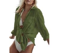 breezy lane Women's Beach Shirt Cover Up Button Down Long Sleeve Summer Blouse Swimwear Vacation Outfits Green