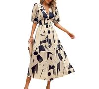 Breezy Lane Women's Casual Summer Deep V Neck Dress Boho Floral Half Sleeve Flowy Maxi Long Dresses Apricot
