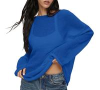 Breezy Lane Women's Long Sleeve Sheer Mesh Knit Sweater Tops Summer Oversized Pullover Jumper Casual Beach Coverups Royal Blue