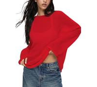 Breezy Lane Women's Long Sleeve Sheer Mesh Knit Sweater Tops Summer Oversized Pullover Jumper Casual Beach Coverups Red