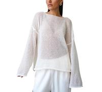 Breezy Lane Women's Long Sleeve Sheer Mesh Knit Sweater Tops Summer Oversized Pullover Jumper Casual Beach Coverups White