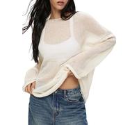 Breezy Lane Women's Long Sleeve Sheer Mesh Knit Sweater Tops Summer Oversized Pullover Jumper Casual Beach Coverups Beige