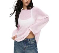 Breezy Lane Women's Long Sleeve Sheer Mesh Knit Sweater Tops Summer Oversized Pullover Jumper Casual Beach Coverups Pink