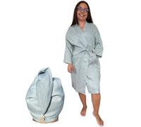 Breezy Nest 100% Pure French Linen Bathrobe and Hair Wrap Gift Set for Women - Size M/L - Dove Blue Summer Dressing Gown - Lightweight Bath Robe - Birthday Gifts for Women