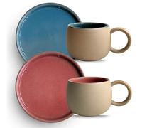 Breezy Nest Ceramic Coffee Cup and Saucer Set of 2 Pink and Blue - 250ml Japanese Style Coffee Mugs with Colourful Glossy Interior, Matt Earthy Beige Exterior, Microwave Safe