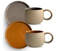 Breezy Nest Ceramic Coffee Cup and Saucer Set of 2 Terracotta and Grey - 250ml Japanese Style Coffee Mugs with Colourful Glossy Interior, Matt Earthy Beige Exterior, Microwave Safe