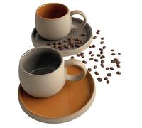 Breezy Nest Ceramic Coffee Cup and Saucer Set of 2 Terracotta and Grey - 250ml Japanese Style Coffee Mugs with Colourful Glossy Interior, Matt Earthy Beige Exterior, Microwave Safe