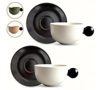 Breezy Nest Ceramic Cup and Saucer Set of 2-200ml Nordic Style Coffee Mugs with Round Knob Style Handle, Black and Beige, Microwave and Dishwasher Safe (Black and White)