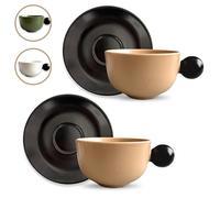 Breezy Nest Ceramic Cup and Saucer Set of 2-200ml Nordic Style Coffee Mugs with Round Knob Style Handle, Black and Beige, Microwave and Dishwasher Safe (Black and Beige)