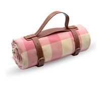 Breezy Nest Pink Picnic Blanket - Picnic Mat with Water Resistant Backing and Brushed Fleece Layer - Beach Mat with Tassels (150cmx200cm) - PU Leather Straps and Handle - Suitable for Machine Wash