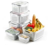 BreezyHome 5 PCS Fruit Storage Containers for Fridge with Colanders Dishwasher Safe, Leakproof Fruit and Vegetable Storage BPA-Free Plastic, Produce Storage Keep Berry Fruit Veggie Meat Fresh