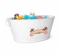 BREKX Indestructible Dog Toy Bin with Dog Bone Print, White, Galvanized Glossy, Stainless Steel, 18" x 13" x 7.5", 15-Quarts