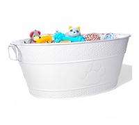 BREKX Indestructible Dog Toy Bin with Dog Bone Print, White, Galvanized Glossy, Stainless Steel, 18" x 13" x 7.5", 15-Quarts
