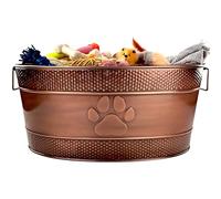 BREKX Metal Indestructible Dog Toy Bin - Galvanized Accessory Storage Bin with Handles, Organizer Storage Basket for Pet Toys, Blankets, Leashes - Pawprint Design Home Decor (Copper - 25 Qt.)