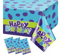 Breling 3 Pcs Birthday Party Tablecloths 54 x 108 Inch Plastic Table Covers for Birthday Decorations Purple Blue Green Cartoon Theme Tablecloth for Desk Event Party Supplies